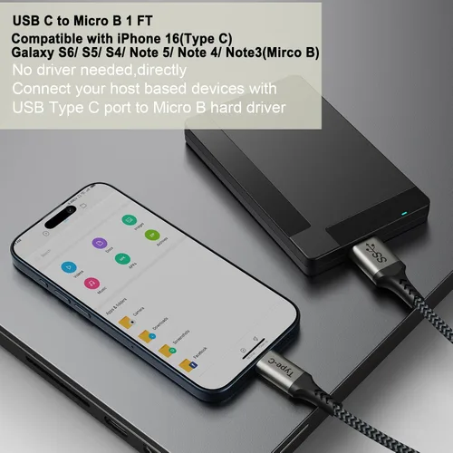 Miniatura 5 de Cable externo de disco duro USB C de 10 Gbps, cable corto micro B a USB C, cable de disco duro USBC USBC para WD Toshiba Westgate Seagate, SSD