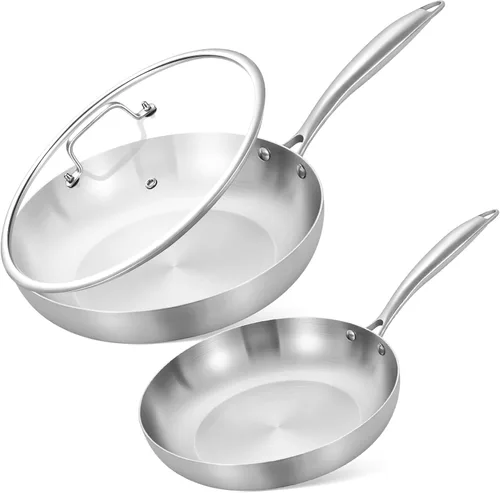 Inqibee Sartenes de acero inoxidable de tres capas de 8.5 a 10 pulgadas con tapa, juego de sartén pequeña, sartén, sartén de inducción, ollas y