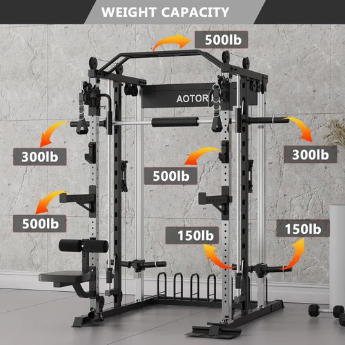 Miniatura 4 de Smith - Estante para sentadillas de entrenamiento de fuerza con barra Smith, jaula de potencia con sistemas de extracción LAT, máquina cruzada