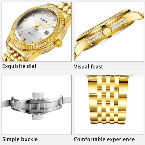 Miniatura 25 de BINLUN Reloj de pulsera para hombre, mecánico automático, reloj dorado con cuerda automática, elegante, chapado en oro de 18 quilates, relojes