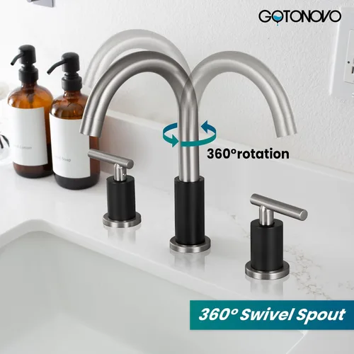 Miniatura 4 de gotonovo Grifo de Lavabo de Baño de 3 Orificios 2 Manijas con Desagüe Emergente con Válvulas Mezcladoras de Agua Caliente y Fría Grifo de Baño Negro