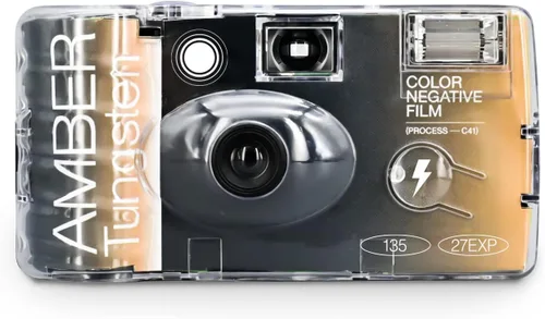 RETO Cámara de película desechable de tungsteno ámbar de 1.378 in 27exp, película negativa de color, sin enfoque, fácil de usar, flash integrado, de