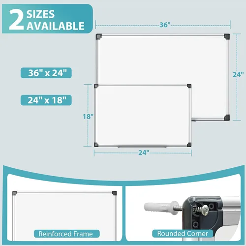 Miniatura 2 de Pizarra Blanca de 36"x24" para Pared, Pizarra de Borrado en Seco con Marco de Aluminio, Pizarra Blanca Magnética Colgante con 1 Borrador y 2