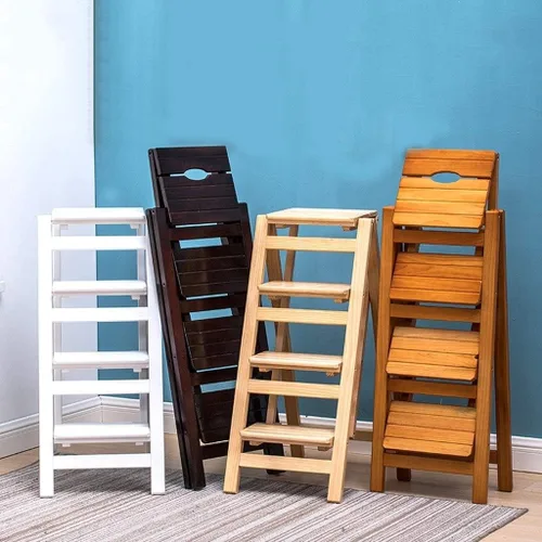 Miniatura 5 de Taburete de madera blanca con 4 peldaños antideslizantes para adultos y niños, silla de escalera plegable de madera portátil, ideal para el hogar