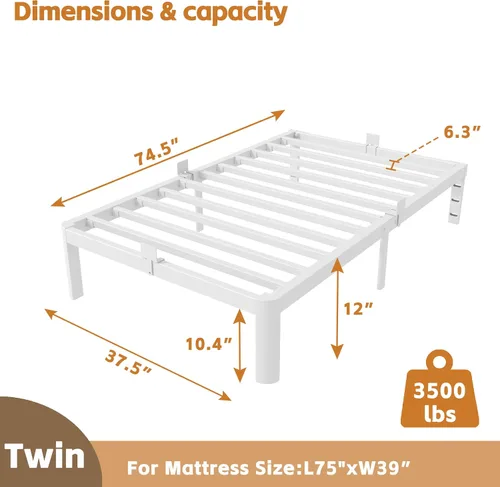 Miniatura 2 de Marco de cama individual de 12 pulgadas, marcos de cama de plataforma con juntas de metal, tapón de colchón antideslizante, no necesita somier