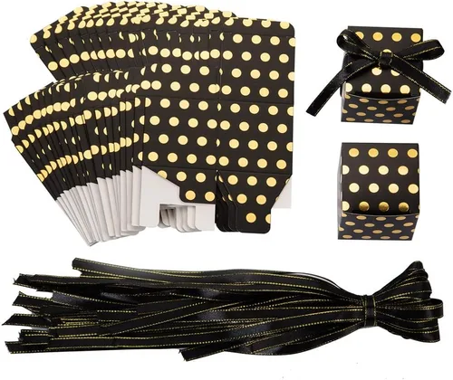 Miniatura 5 de AWELL Caja de dulces de regalo negra con puntos dorados a granel de 2 x 2 x 2 pulgadas con cinta para recuerdos de fiesta, puntos dorados, paquete