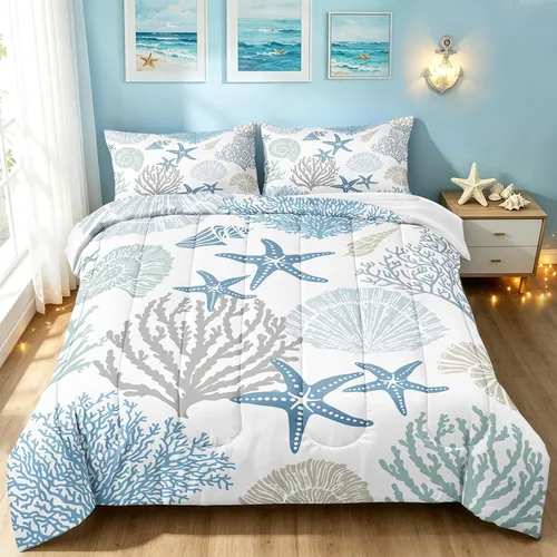 Miniatura 14 de BDUCOK Twin Size Ocean Starfish Comforter Set Teal Turquoise Beach Bedding with Seashell Print Coastal Nautical Bedroom Decor All Season 3005Twin