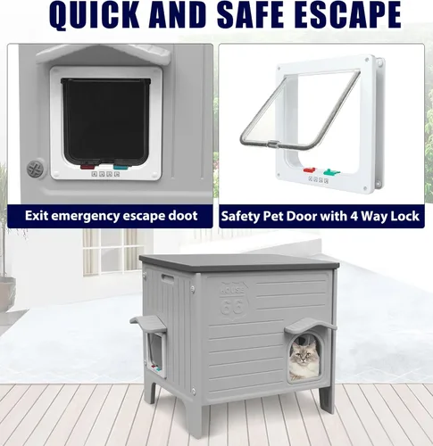 Miniatura 2 de Casa de Plástico para Gatos para Exteriores e Interiores, Casas para Gatos Ferales con Puerta de Escape, Casa Impermeable para Gatos para Exteriores