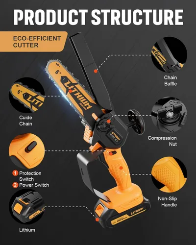 Miniatura 4 de Mini motosierra eléctrica de mano portátil de 6 pulgadas con 2 baterías, 2 cadenas para cortar árboles, corte de madera, patio y jardín