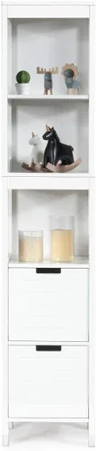 Miniatura 8 de GLACER Armario alto de baño, armario de almacenamiento de piso de madera con tres estantes abiertos y dos cajones, equipado con accesorios
