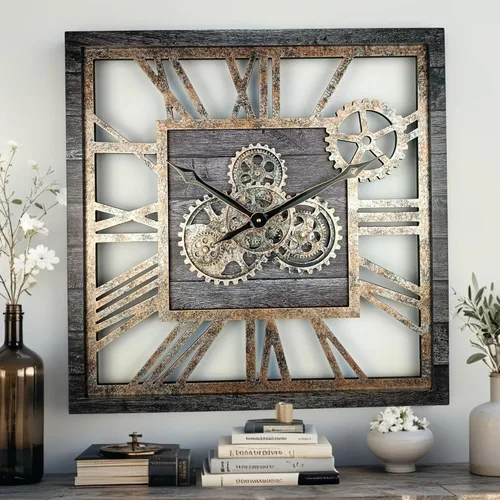 Miniatura 14 de ImprovingLife The Gears Clock - Reloj de pared cuadrado con engranaje móvil real de 24 pulgadas, estilo vintage, industrial, de gran