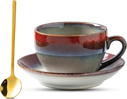 Miniatura 14 de Taza de Cerámica para Arte Latte con Platillo - 10 oz, Fondo Redondo para Vertidos Perfectos - Tazas de Café para Capuchino, Espresso, Café, Té