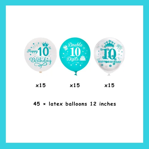 Miniatura 6 de Globos de cumpleaños número 10, paquete de 45 decoraciones de cumpleaños de dos dígitos, color turquesa, juego de globos de látex azul y blanco