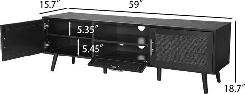 Miniatura 2 de Finnhomy Soporte de TV bohemio de 59 pulgadas para TV de hasta 70 pulgadas, consola de TV con 2 puertas decoradas de ratán hechas a mano, mesa de TV