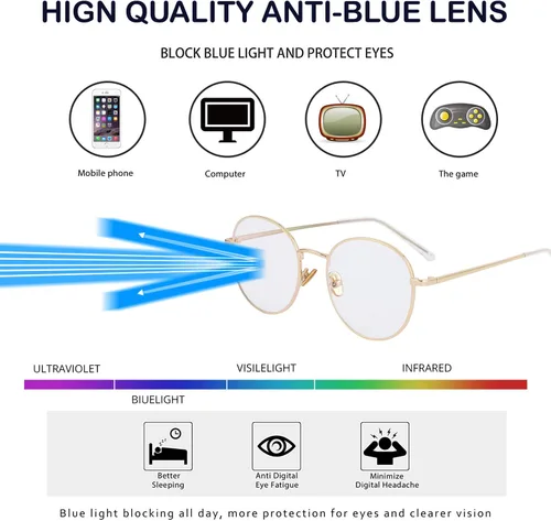 Miniatura 3 de Kursan - Gafas con filtro de luz azul para mujeres y hombres, elegantes, con armazón redonda de metal, lentes transparentes