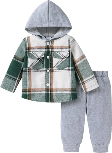 YOUNGER TREE Conjunto de sudadera con capucha para niños pequeños, conjunto de camisa de franela a cuadros para otoño, invierno y primavera