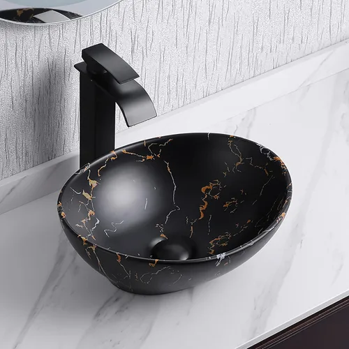 Davivy Fregadero ovalado negro mate de 16 x 13.2 pulgadas con drenaje desplegable, fregaderos de baño, lavabos de baño sobre encimera, fregadero de