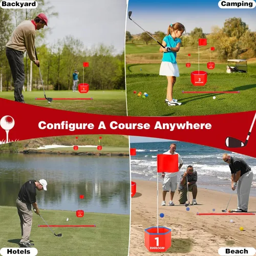 Miniatura 6 de Juego de golf para patio trasero con 2 palos, campo de golf portátil de 6 agujeros, juego de astillado de golf al aire libre para familias