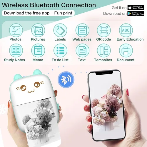 Miniatura 2 de Mini impresora portátil, impresora de pegatinas sin tinta con 8 rollos de papel, mini impresora térmica inalámbrica Bluetooth compatible con iOS +