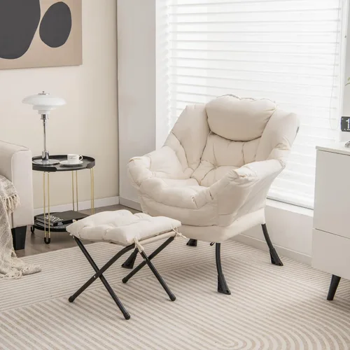Miniatura 2 de Giantex Silla perezosa con otomana, sofá decorativo con reposapiés plegable, bolsillo de almacenamiento lateral, sillón tapizado de ocio con Beige