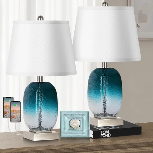 Miniatura 11 de Juego de 2 lámparas de mesa con control táctil, lámpara de noche de cristal verde azulado costero con puertos USB A+C, lámparas de mesa de noche