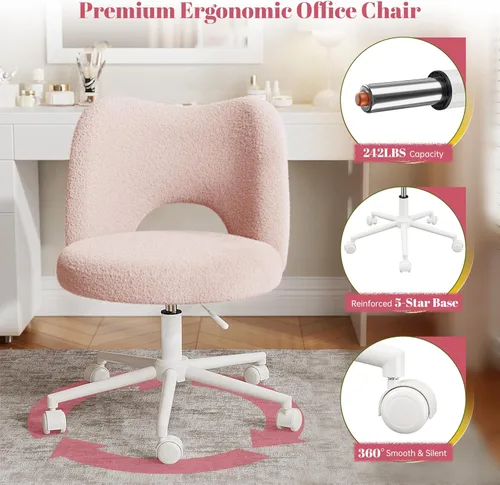 Miniatura 8 de DurayLoly Silla de Tocador con Ruedas Rosa, Linda Silla de Tocador con Respaldo, Silla de Escritorio Ultra-Suave de Felpa, Silla de Oficina Pequeña