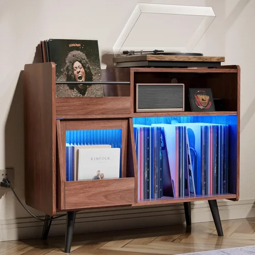 Miniatura 8 de Loomie Soporte grande para tocadiscos negro con toma de corriente y luz LED, gabinete de almacenamiento de discos de vinilo de hasta 350 álbumes