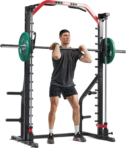 Sunny Health & Fitness - Estante de potencia prémium para máquina de sentadillas, alta capacidad de carga, altura ajustable, barra de dominadas,