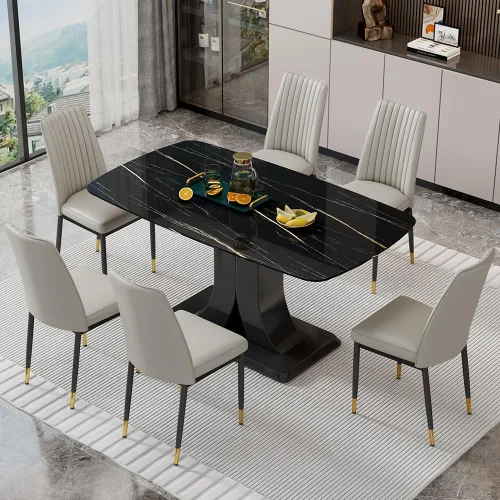 Miniatura 17 de Juego de mesa de comedor moderno para 6, juego de mesa de cocina y sillas de mármol para 6, mesa de cocina rectangular con 6 sillas tapizadas