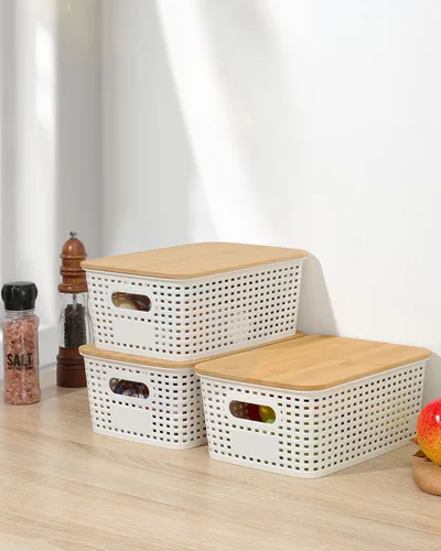 Miniatura 8 de EOENVIVS Contenedores de almacenamiento con tapas de bambú, paquete de 6 cestas de almacenamiento de plástico y contenedores de almacenamiento