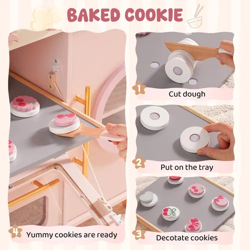 Miniatura 6 de ROBUD Play Kitchen, Juego de Cocina de Juguete Grande Rosa con Cafetera y Tostadora de Juguete para Niños Pequeños de 3+ Años, Cocina de Madera