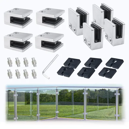 Muzata Paquete de 8 abrazaderas de vidrio ajustables para grosor de 5/16"-1/2" (0.315 in-0.472 in) cuadrado cepillado 1 3/4" x 1 3/4" soporte de