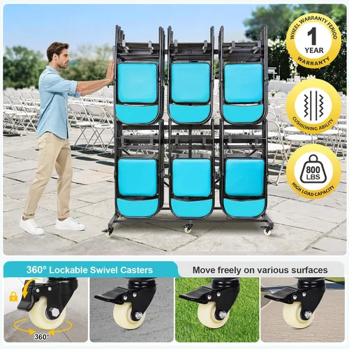 Miniatura 4 de Carrito de silla plegable de 800 libras de capacidad, estante resistente de 2 niveles con ruedas de bloqueo para 84 sillas, carrito