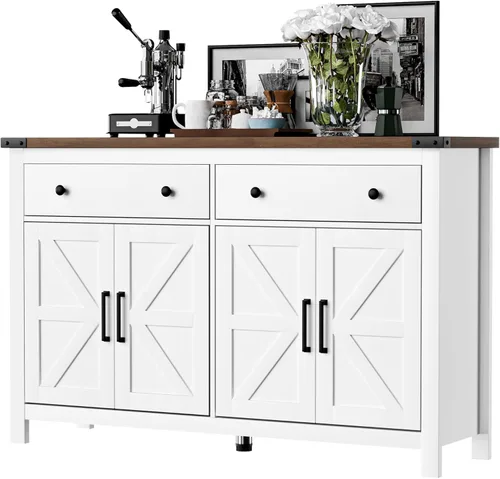 VVFLU 55" Modern Farmhouse Buffet Cabinet with Storage, Coffee Bar Cabinet with 2 Drawers and 4 Barn Doors, Sideboard Storage Cabinet for Kitchen,