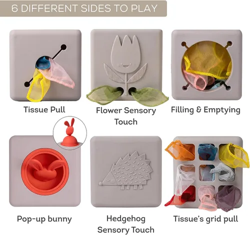 Miniatura 3 de Taf Toys Caja de pañuelos para bebé con conejito emergente - Actividad sensorial Montessori con 10 pañuelos de tela para el desarrollo motor fino