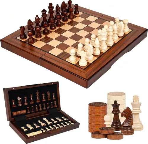 Rinten Juego de ajedrez magnético de madera de 12 a 7 pulgadas, juego de tablero de ajedrez plegable portátil de viaje, juego de estrategia para