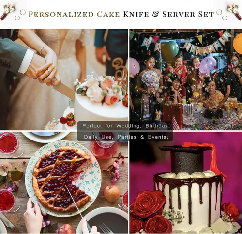 Miniatura 3 de Juego de cuchillo personalizado para tartas y servidor, cuchillo y servidor para tartas doradas, cubiertos de boda personalizados para una ceremonia