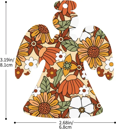 Miniatura 2 de 70s Retro Floral Flower Wooden Christmas Ornaments with Twines Holiday Hanging Decorations Angel Shapes Wood Slice Ornaments for Christmas Tree