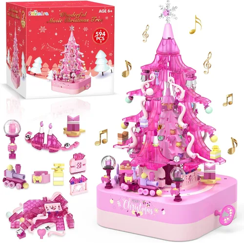 Miniatura 8 de Shemira Juego de 594 piezas de bloques de construcción de árbol de Navidad, caja de música giratoria de Navidad, juegos de construcción de juguetes