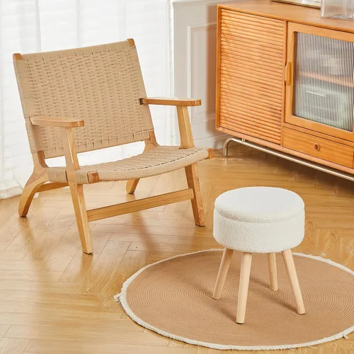 Miniatura 4 de Otomana de Almacenamiento Taburete, Taburete de Tocador Redondo de Terciopelo Teddy, Taburete con Bandeja Superior y Patas de Madera, Otomana