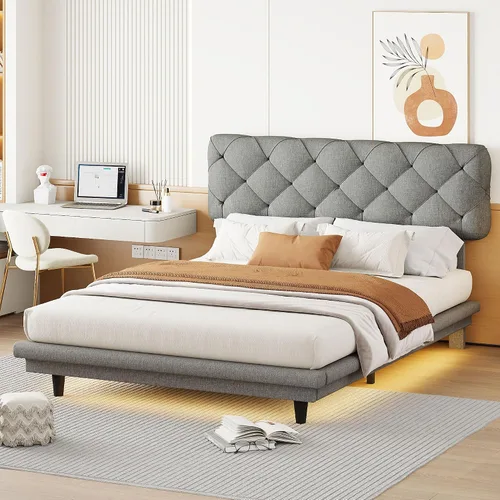 Miniatura 17 de Cama de plataforma flotante, marco de cama de madera tamaño individual con rayas claras, tela de lino suave y cabecera de diseño capitoné