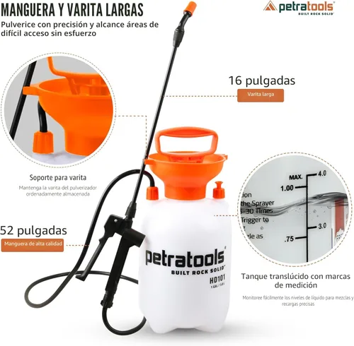 Miniatura 5 de Petratools Pulverizador de bomba de 1 galón – Pulverizador de jardín HD101 para malas hierbas, cuidado del césped y pesticidas – Manguera larga
