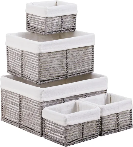 Miniatura 22 de Vagusicc Cesta de almacenamiento de mimbre, cesta de cuerda de papel tejida a mano, cesta rectangular pequeña para organizar, contenedor de Beige