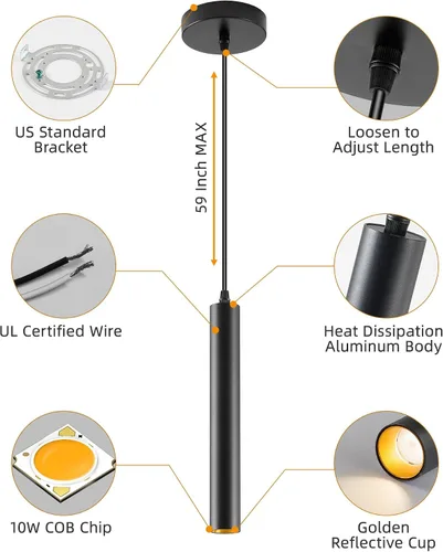 Miniatura 7 de Lámpara colgante LED moderna, foco colgante de techo regulable de 10 W, iluminación colgante de aluminio minimalista negro para isla de cocina