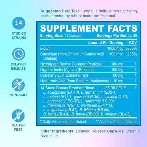 Miniatura 3 de BioEmblem Probióticos de belleza para mujeres, 35 mil millones de UFC, 14 cepas con biotina, colágeno, prebióticos para la salud digestiva, piel