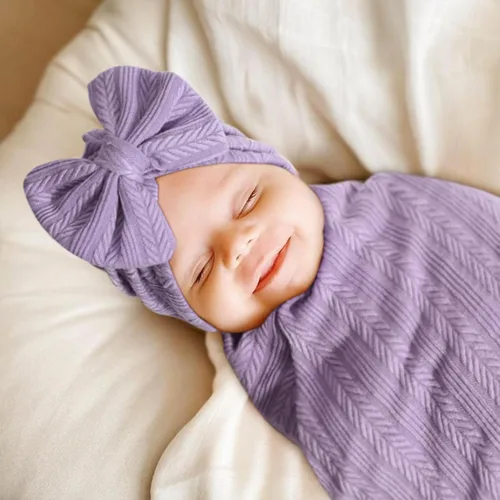 Miniatura 2 de DRESHOW BQUBO Manta Receptora para Recién Nacido y Niño Pequeño Cálida para Niñas con Gorro de Lazo y Diadema de Lazo Regalo de Baby Shower 1 juego