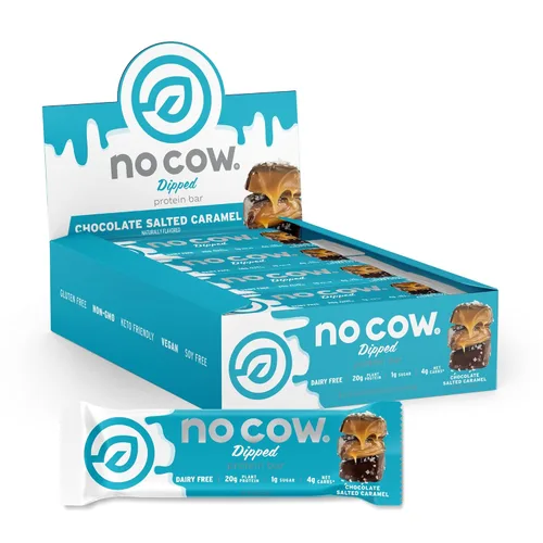 No Cow - Barras de alto contenido en proteínas, chocolate con caramelo salado - Snacks saludables, 20 g de proteína vegana, alta en fibra, bajas en