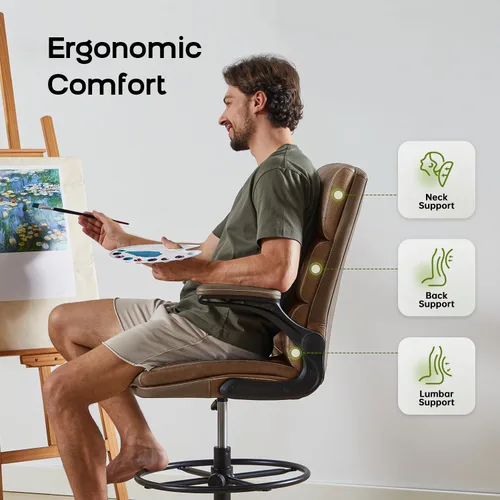 Miniatura 3 de Silla de Dibujo Silla de Oficina Alta con Reposabrazos Abatibles Acolchados Silla Ejecutiva Ergonómica de Computadora para Escritorio de Pie