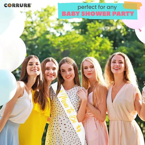 Miniatura 9 de CORRURE Banda para baby shower para niño o niña, banda con la frase "Mom to Be" con hermosa cinta blanca y texto dorado - Ideal para revelación