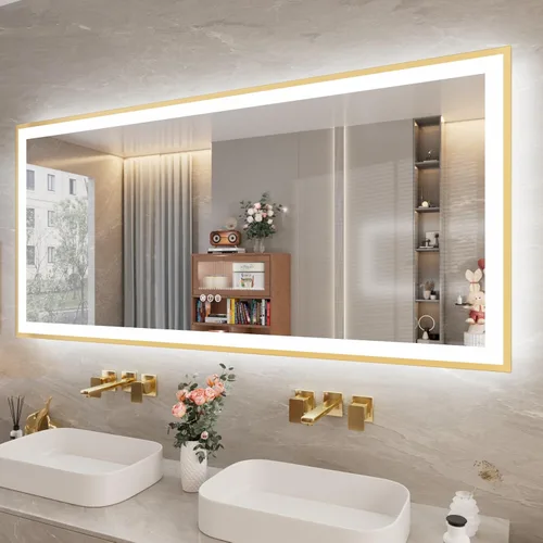 Miniatura 93 de Espejo de baño LED de 60x36 pulgadas con marco negro, espejos de baño retroiluminados y con luz frontal para pared, antiempañamiento, regulable